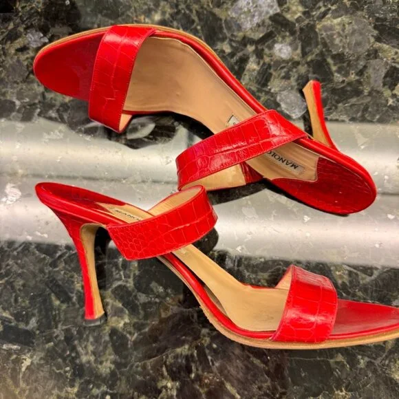 Manolo Blahnik Red Leather Croc Embossed Double Strap Sandals 40 8.5 9 Luxury - Picture 3 of 11
